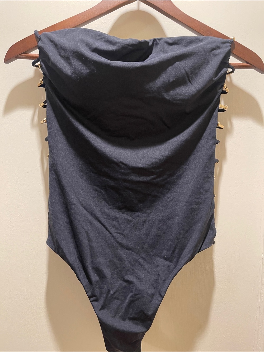 Strapless Black Women's One-Piece Swimsuit with Gold Side Hardware
